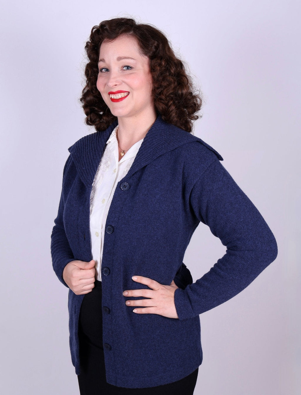 1920s style cardigan with big collar - Blue melange - Pearl