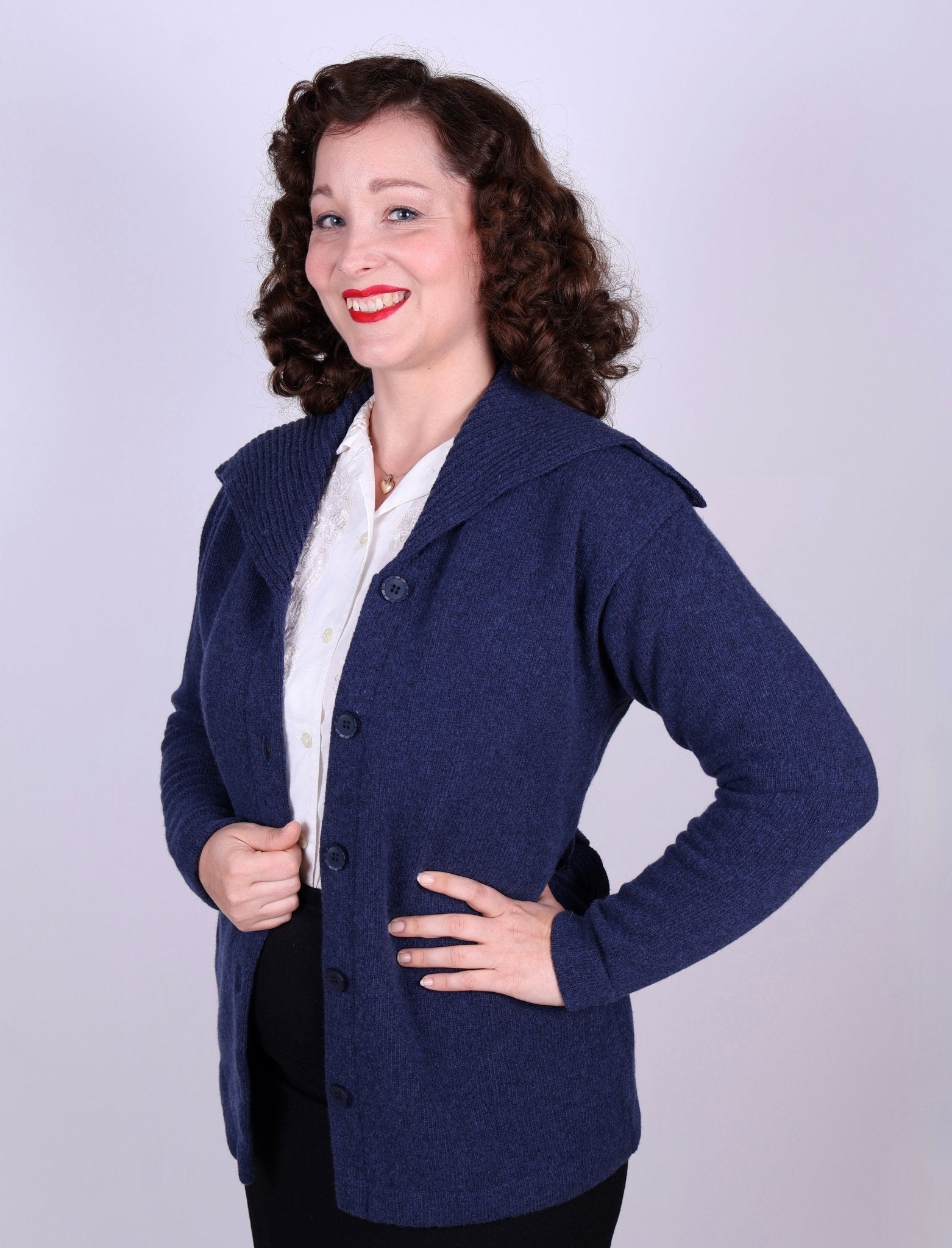 1920s style cardigan with big collar - Blue melange - Pearl