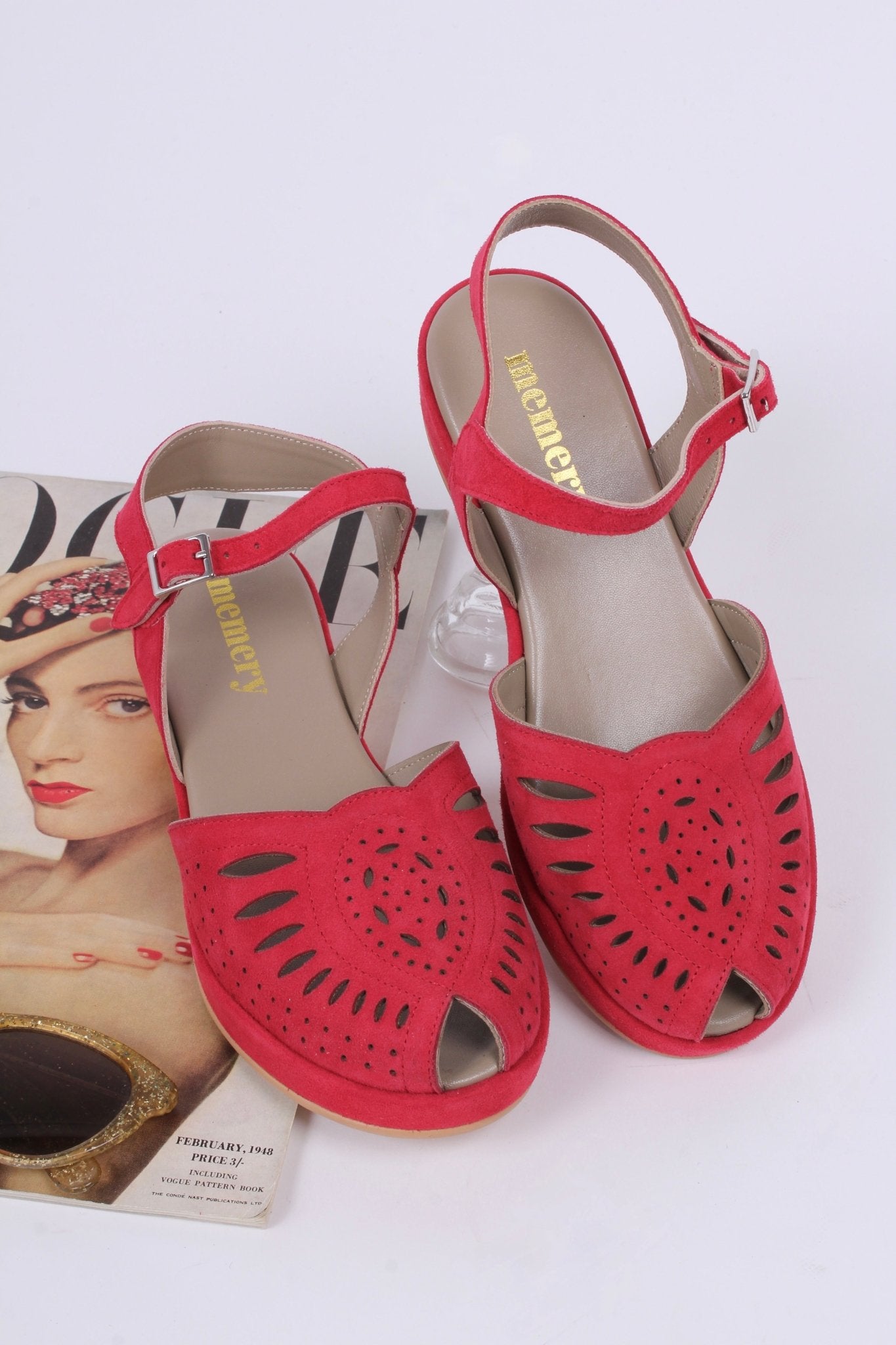 1940s / 50s suede wedge sandals - Red - Ella